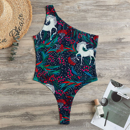 Fairy Floral Unicorn Pattern Print One Shoulder Bodysuit