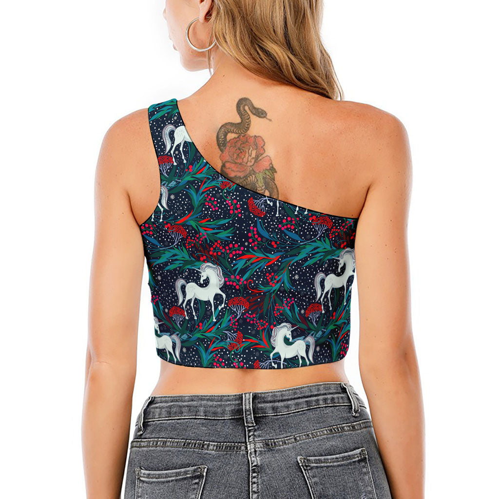 Fairy Floral Unicorn Pattern Print One Shoulder Crop Top