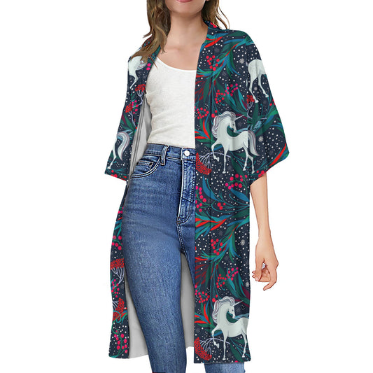Fairy Floral Unicorn Pattern Print Open Front Beach Cover Up
