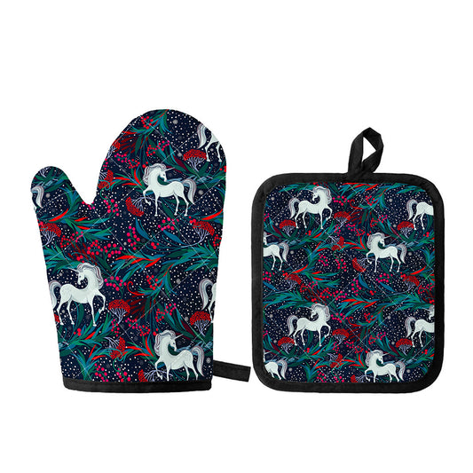 Fairy Floral Unicorn Pattern Print Oven Mitt And Pot Holder Set