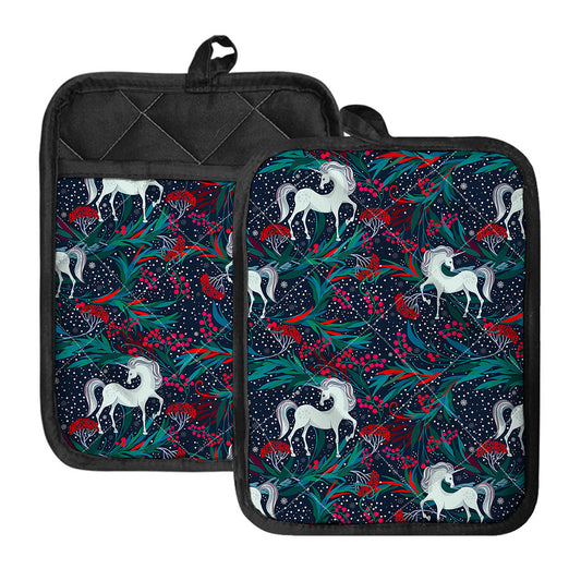 Fairy Floral Unicorn Pattern Print Pot Holders With Pocket
