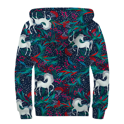 Fairy Floral Unicorn Pattern Print Sherpa Lined Zip Up Hoodie
