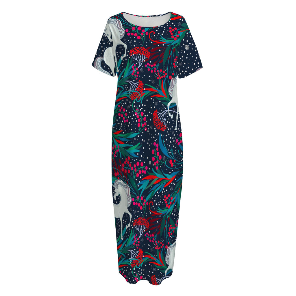 Fairy Floral Unicorn Pattern Print Short Sleeve Long Nightdress