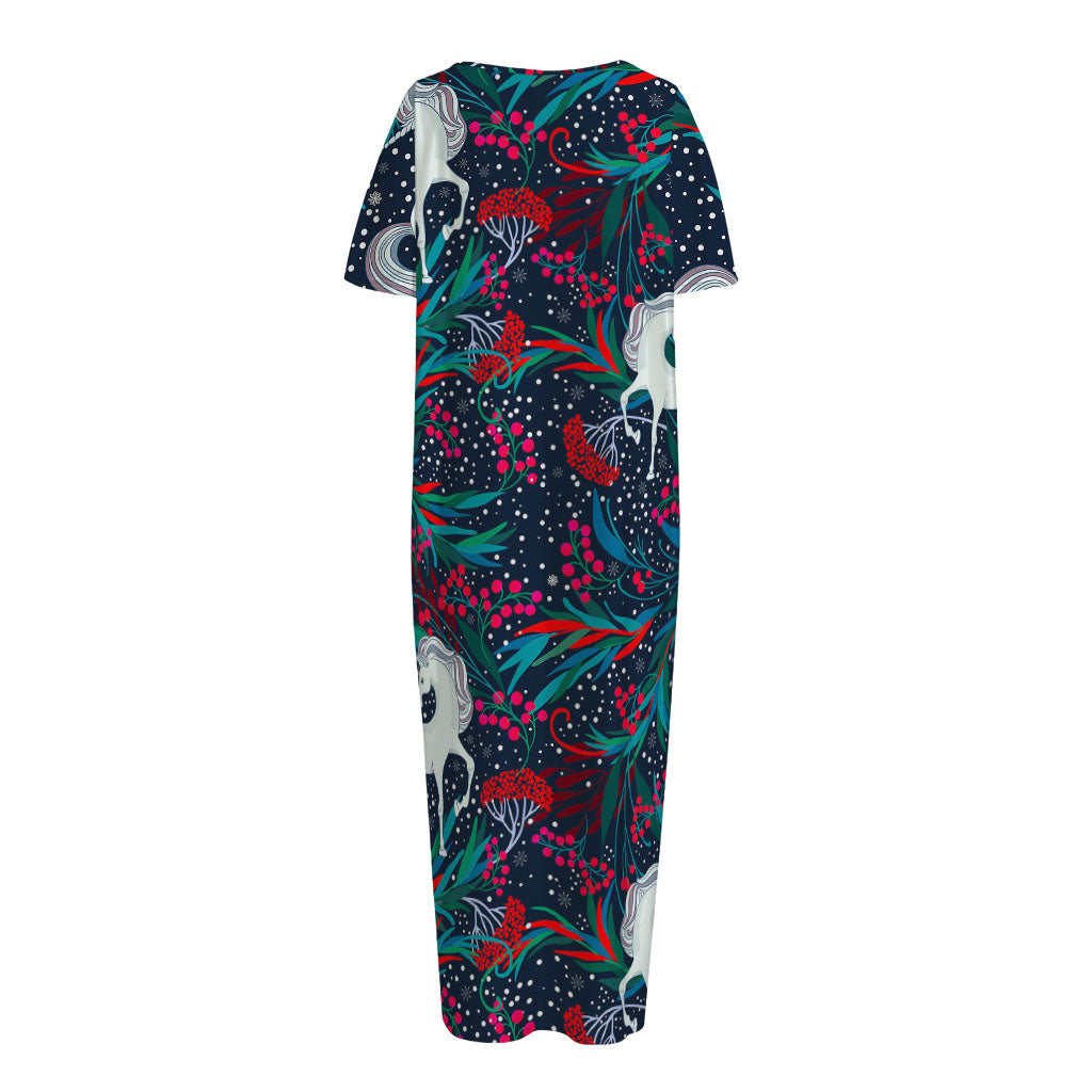 Fairy Floral Unicorn Pattern Print Short Sleeve Long Nightdress