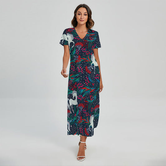 Fairy Floral Unicorn Pattern Print Short Sleeve Maxi Dress