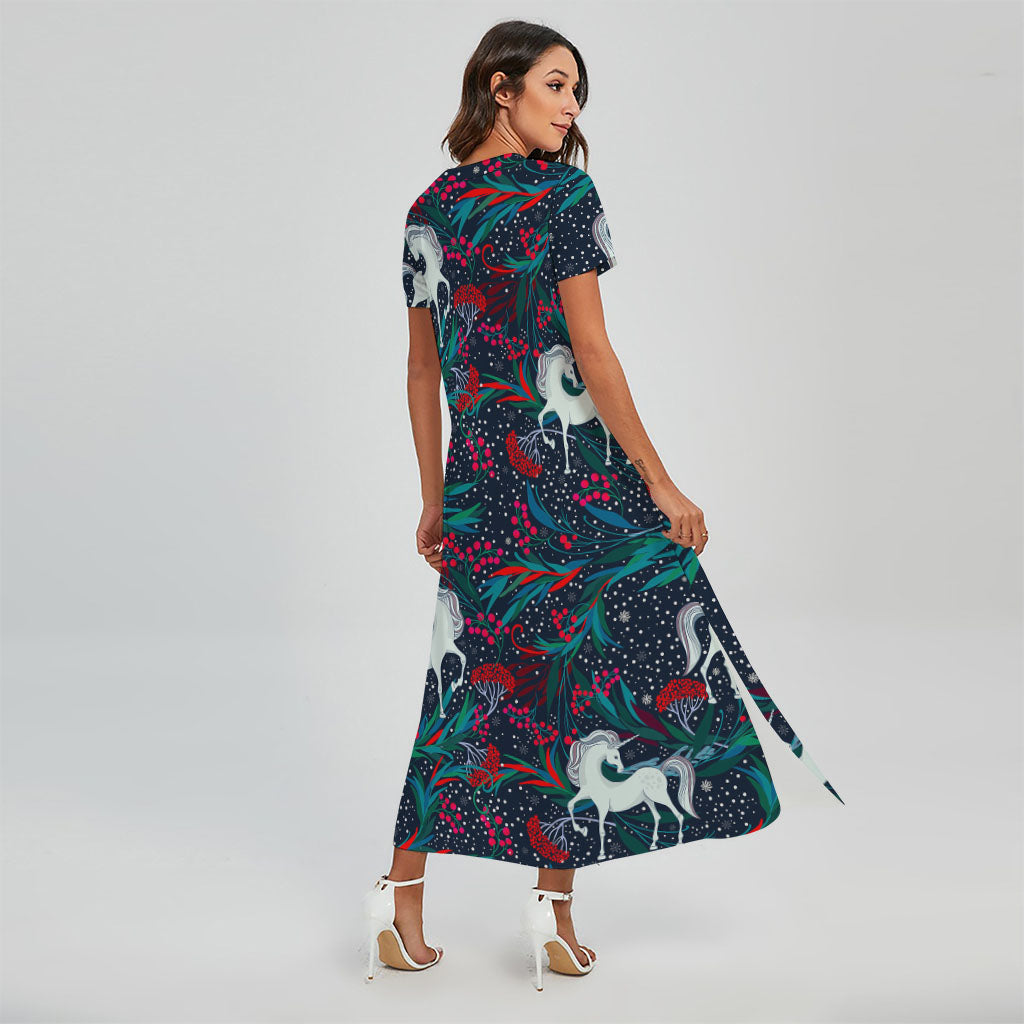 Fairy Floral Unicorn Pattern Print Short Sleeve Maxi Dress