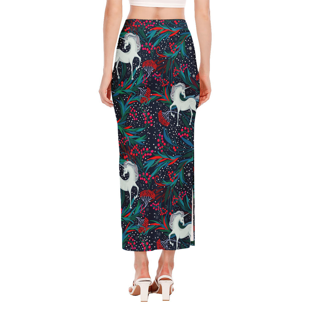 Fairy Floral Unicorn Pattern Print Side Slit Maxi Skirt