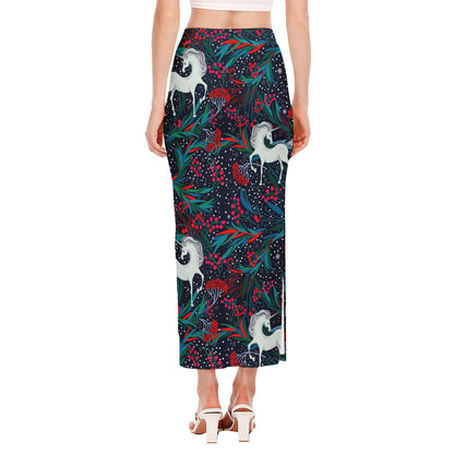 Fairy Floral Unicorn Pattern Print Side Slit Maxi Skirt