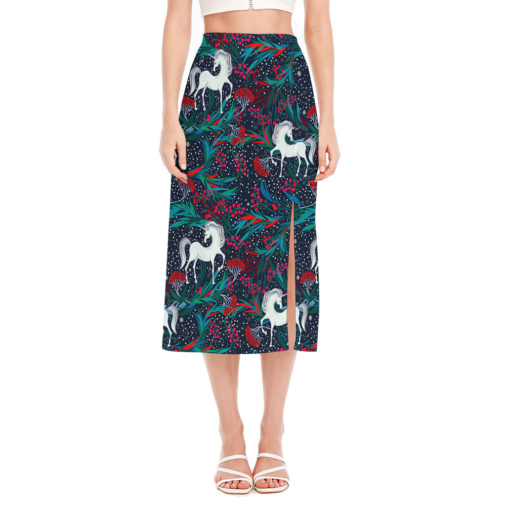 Fairy Floral Unicorn Pattern Print Side Slit Midi Skirt