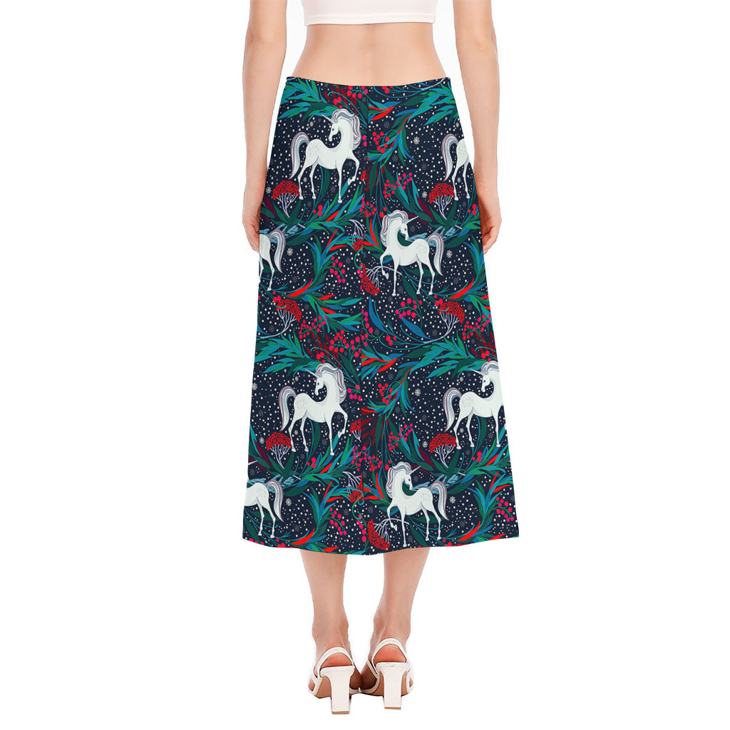 Fairy Floral Unicorn Pattern Print Side Slit Midi Skirt