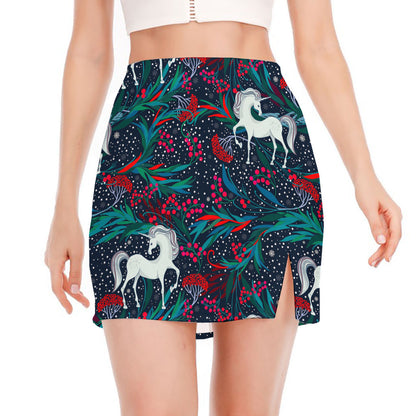 Fairy Floral Unicorn Pattern Print Side Slit Mini Skirt