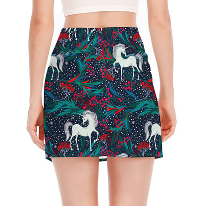 Fairy Floral Unicorn Pattern Print Side Slit Mini Skirt