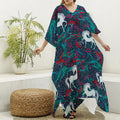 Fairy Floral Unicorn Pattern Print Silk V-Neck Kaftan Dress