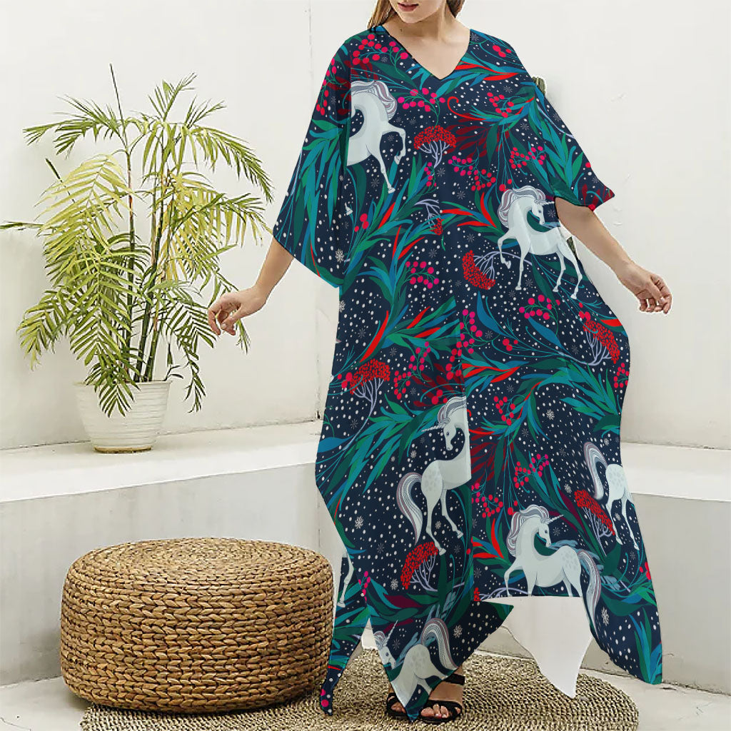 Fairy Floral Unicorn Pattern Print Silk V-Neck Kaftan Dress