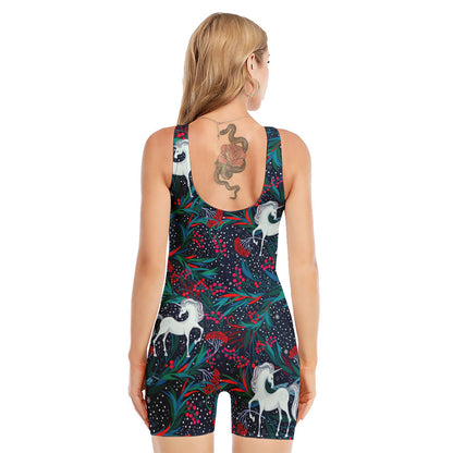 Fairy Floral Unicorn Pattern Print Sleeveless One Piece Swimsuit