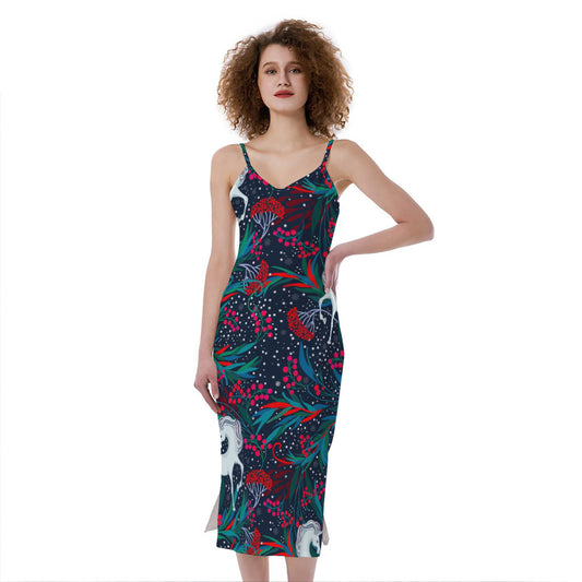 Fairy Floral Unicorn Pattern Print Slim Fit Midi Cami Dress
