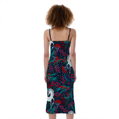 Fairy Floral Unicorn Pattern Print Slim Fit Midi Cami Dress