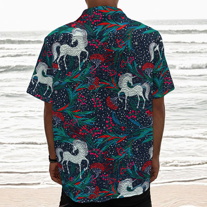 Fairy Floral Unicorn Pattern Print Textured Short Sleeve Shirt