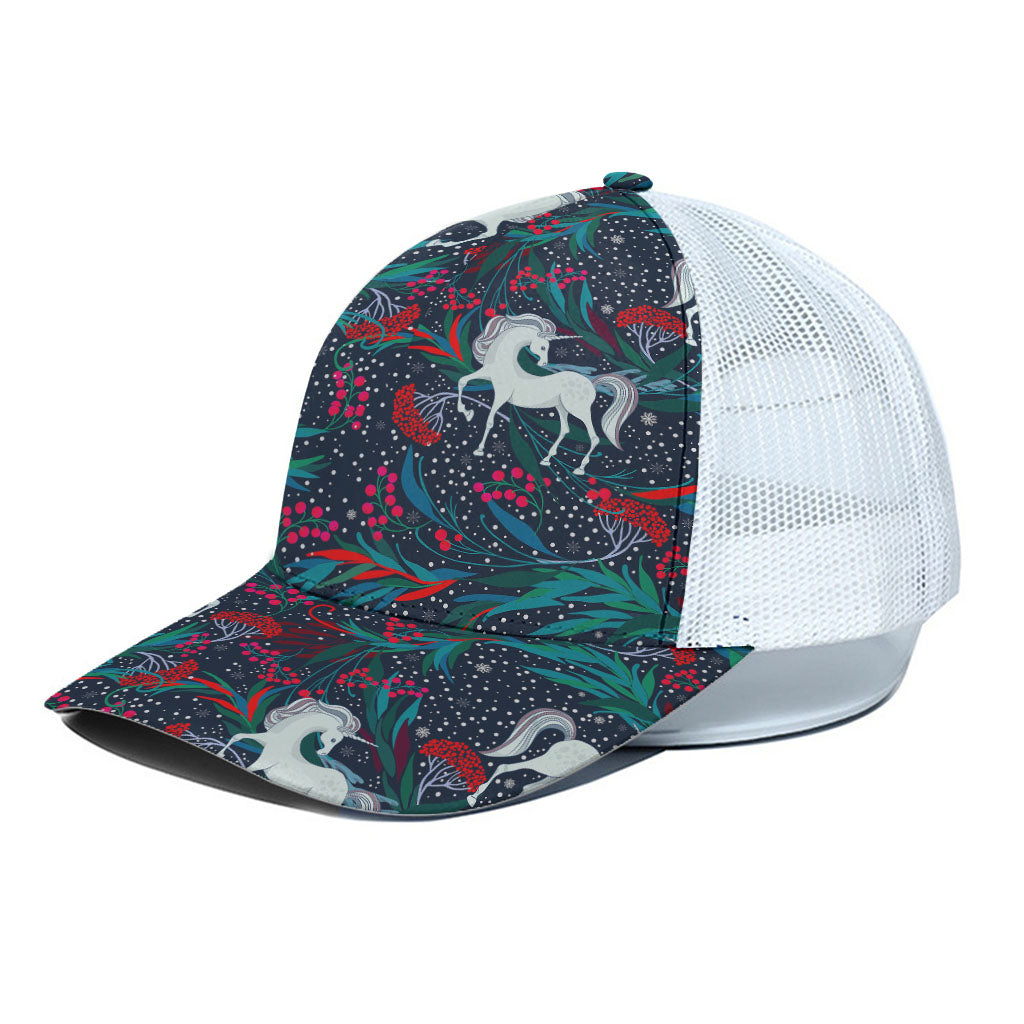 Fairy Floral Unicorn Pattern Print White Mesh Trucker Cap