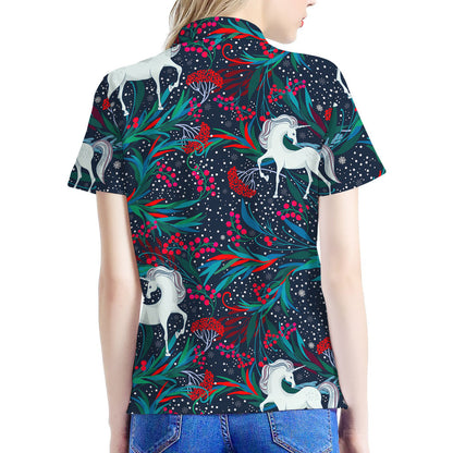 Fairy Floral Unicorn Pattern Print Women's Polo Shirt