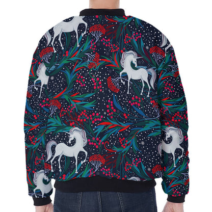 Fairy Floral Unicorn Pattern Print Zip Sleeve Bomber Jacket
