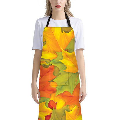 Fall Autumn Maple Leaves Print Bib Apron With Pocket