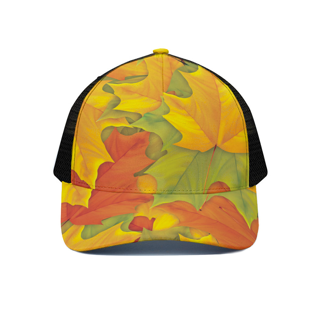 Fall Autumn Maple Leaves Print Black Mesh Trucker Cap