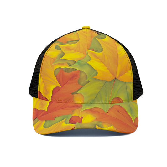 Fall Autumn Maple Leaves Print Black Mesh Trucker Cap