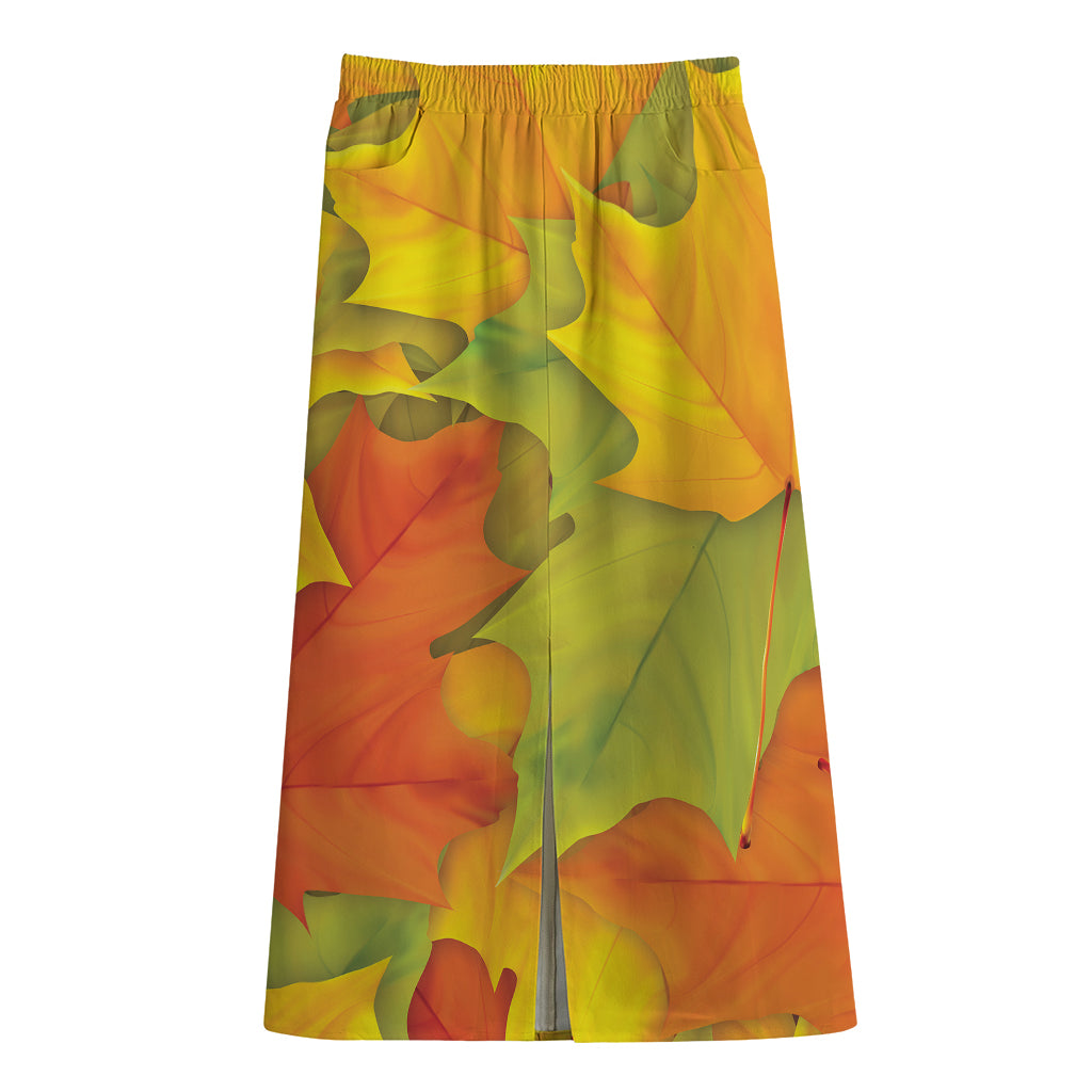 Fall Autumn Maple Leaves Print Cotton Front Slit Maxi Skirt