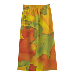 Fall Autumn Maple Leaves Print Cotton Front Slit Maxi Skirt