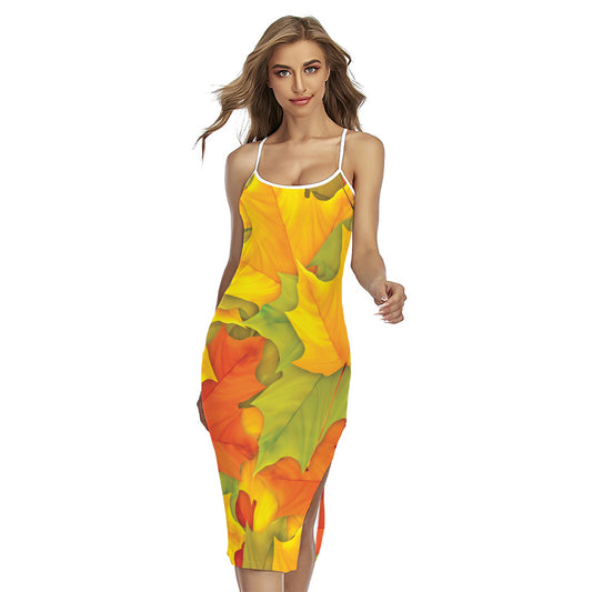 Fall Autumn Maple Leaves Print Cross Back Cami Dress