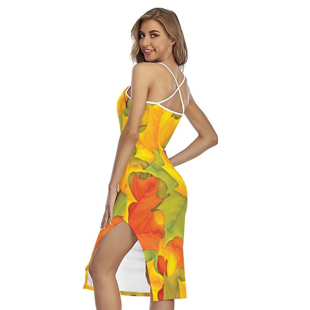 Fall Autumn Maple Leaves Print Cross Back Cami Dress