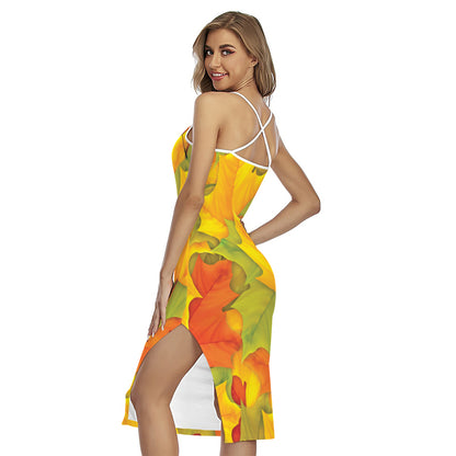 Fall Autumn Maple Leaves Print Cross Back Cami Dress