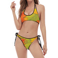 Fall Autumn Maple Leaves Print Halter Scoop Tie Side Bikini