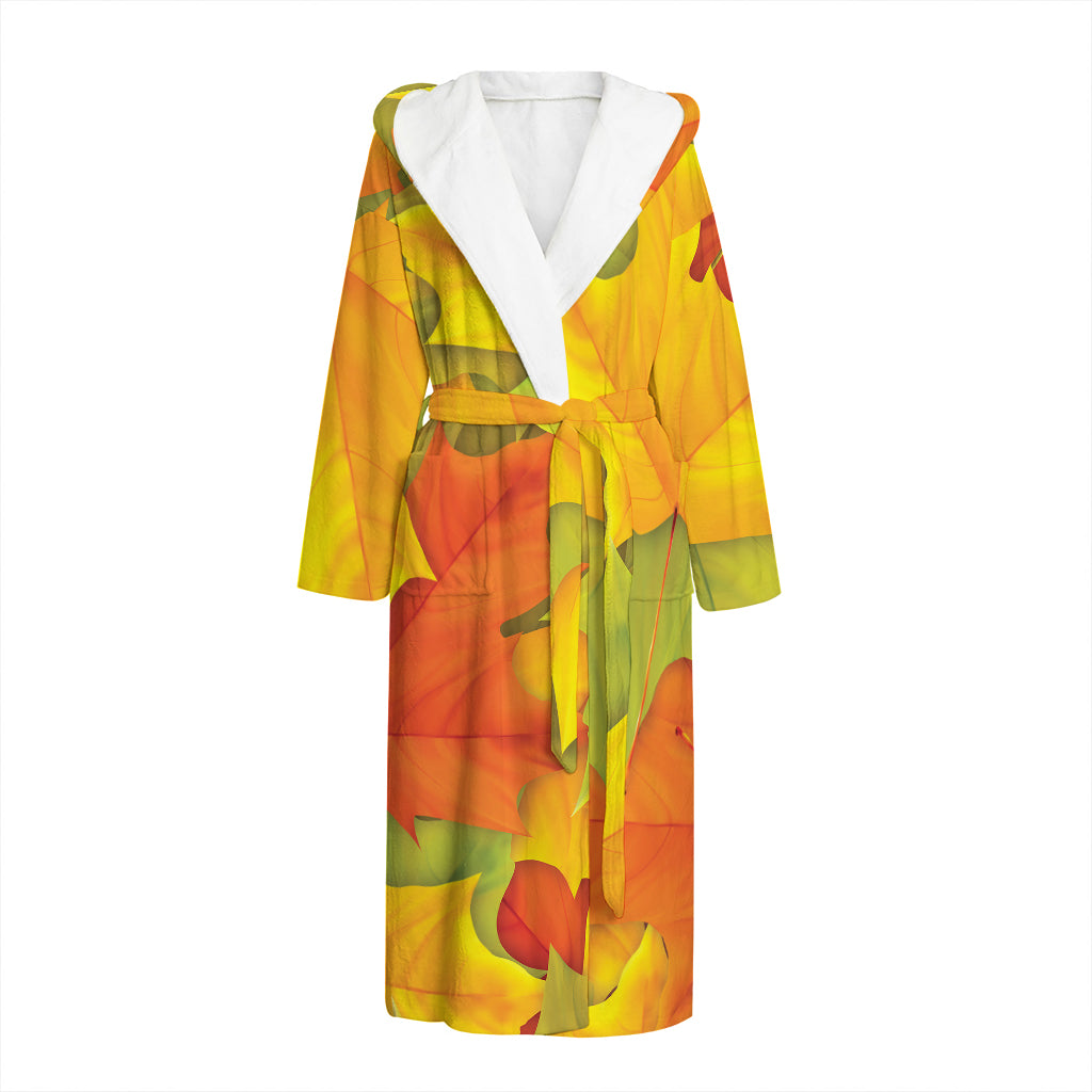 Fall Autumn Maple Leaves Print Hooded Bathrobe