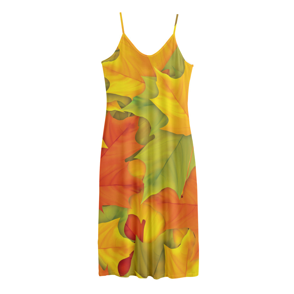 Fall Autumn Maple Leaves Print Jersey Midi Cami Dress