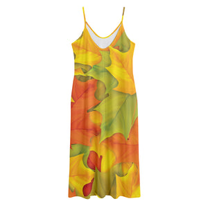 Fall Autumn Maple Leaves Print Jersey Midi Cami Dress