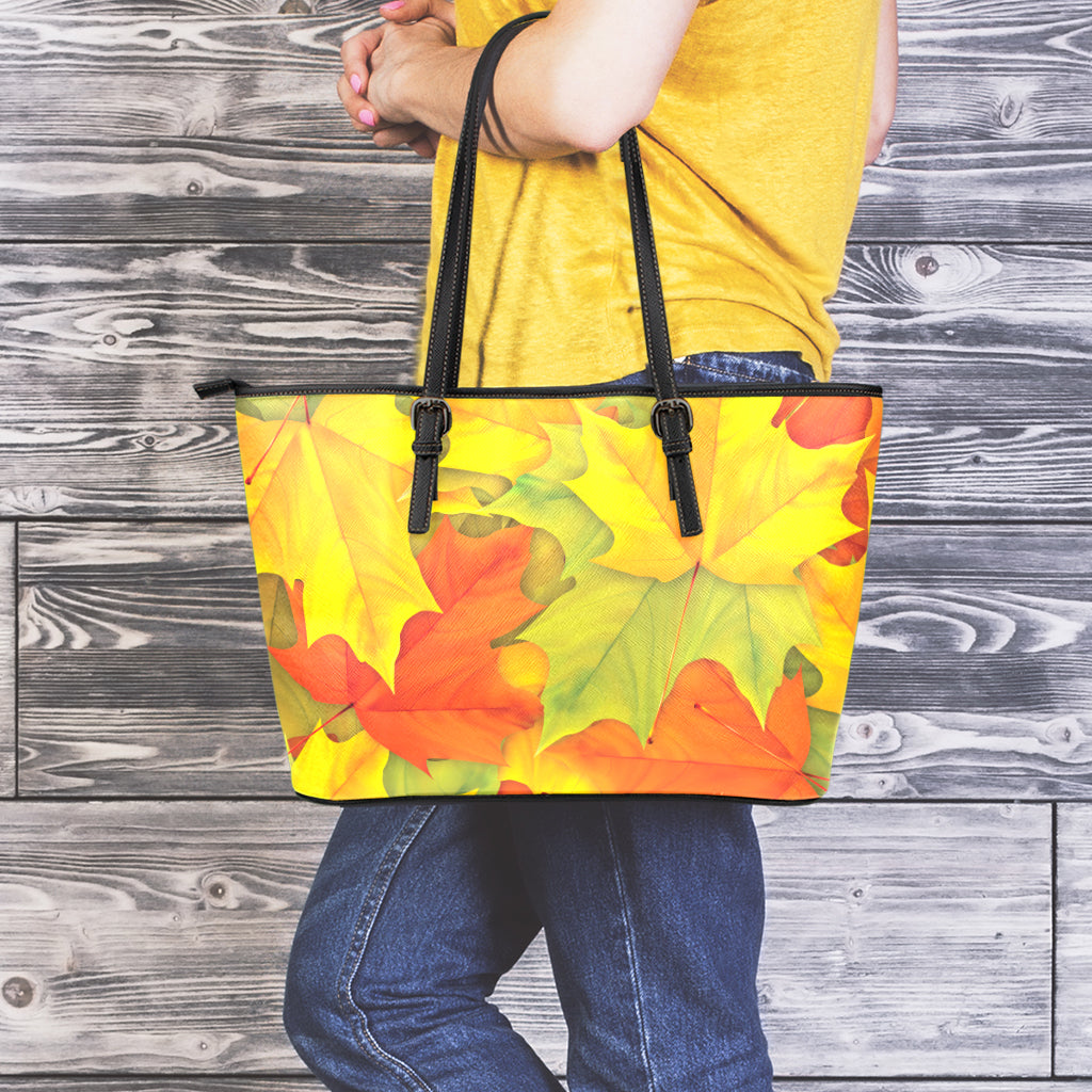 Fall Autumn Maple Leaves Print Leather Tote Bag