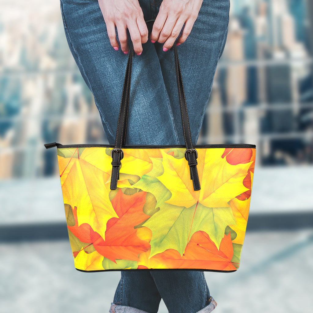 Fall Autumn Maple Leaves Print Leather Tote Bag