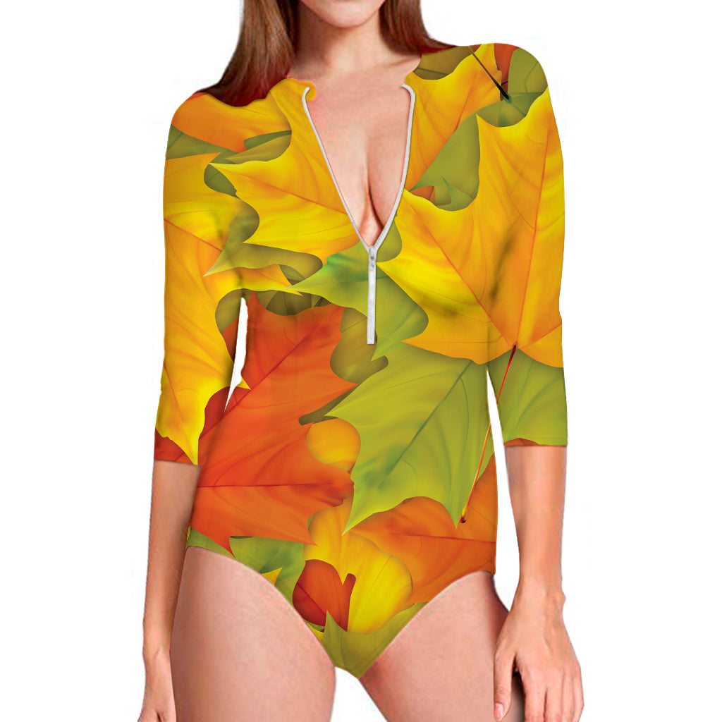 Fall Autumn Maple Leaves Print Long Sleeve Swimsuit