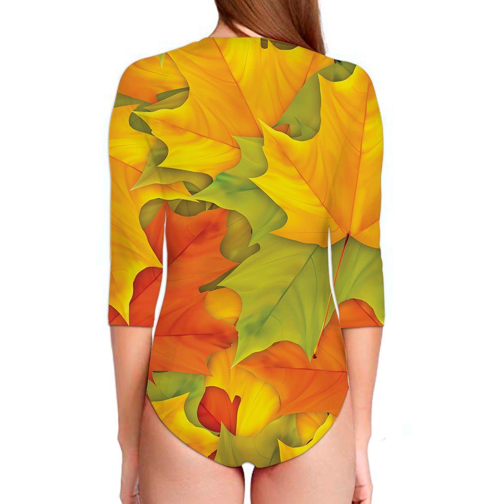 Fall Autumn Maple Leaves Print Long Sleeve Swimsuit