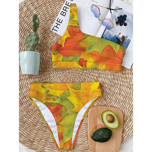 Fall Autumn Maple Leaves Print One Shoulder Bikini Top