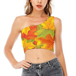 Fall Autumn Maple Leaves Print One Shoulder Crop Top