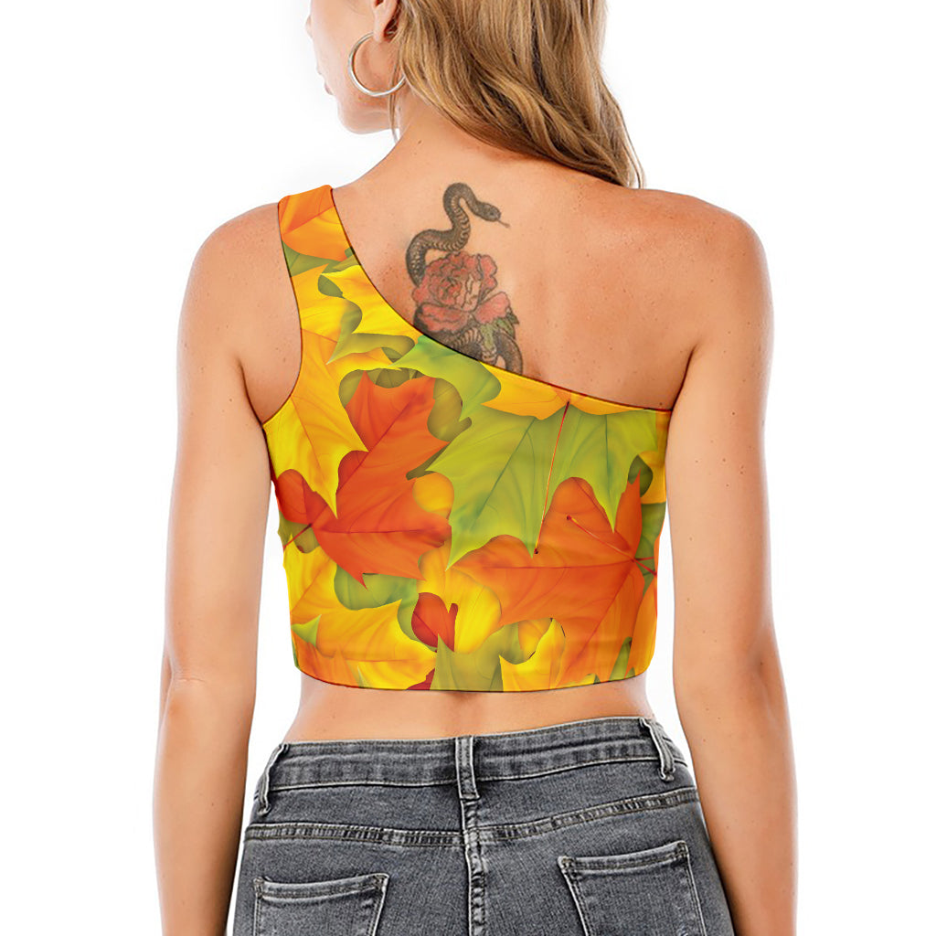 Fall Autumn Maple Leaves Print One Shoulder Crop Top