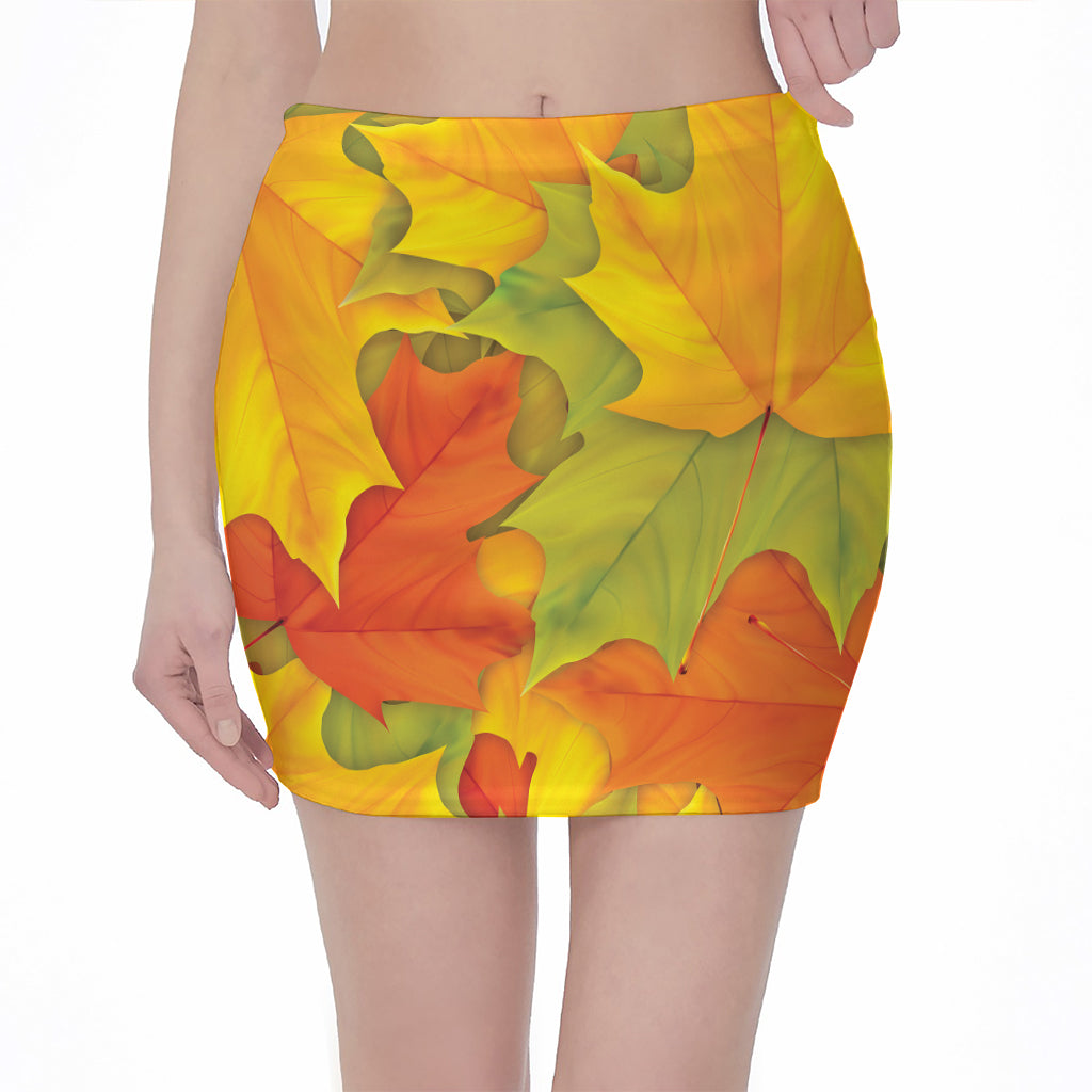 Fall Autumn Maple Leaves Print Pencil Mini Skirt