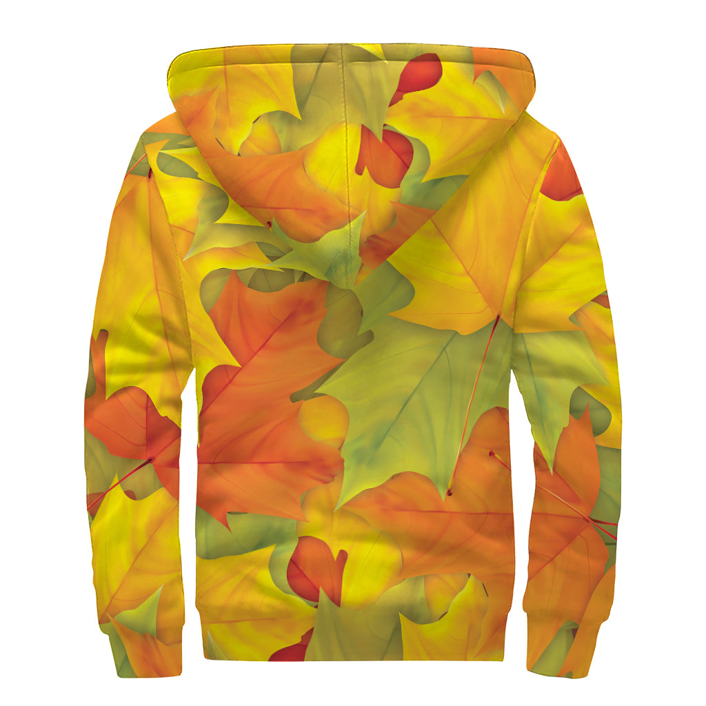 Fall Autumn Maple Leaves Print Sherpa Lined Zip Up Hoodie