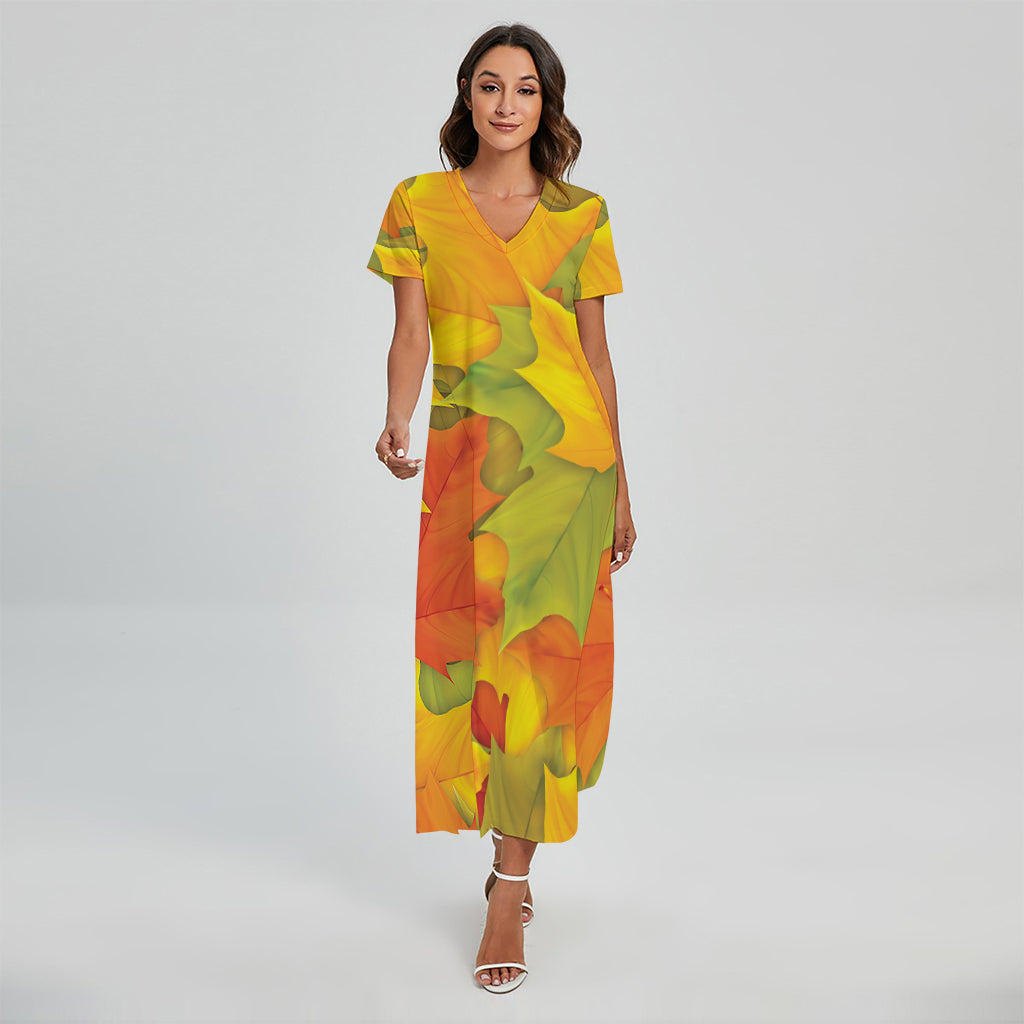 Fall Autumn Maple Leaves Print Short Sleeve Maxi Dress