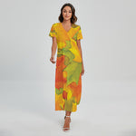 Fall Autumn Maple Leaves Print Short Sleeve Maxi Dress