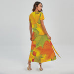 Fall Autumn Maple Leaves Print Short Sleeve Maxi Dress