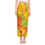 Fall Autumn Maple Leaves Print Side Slit Maxi Skirt